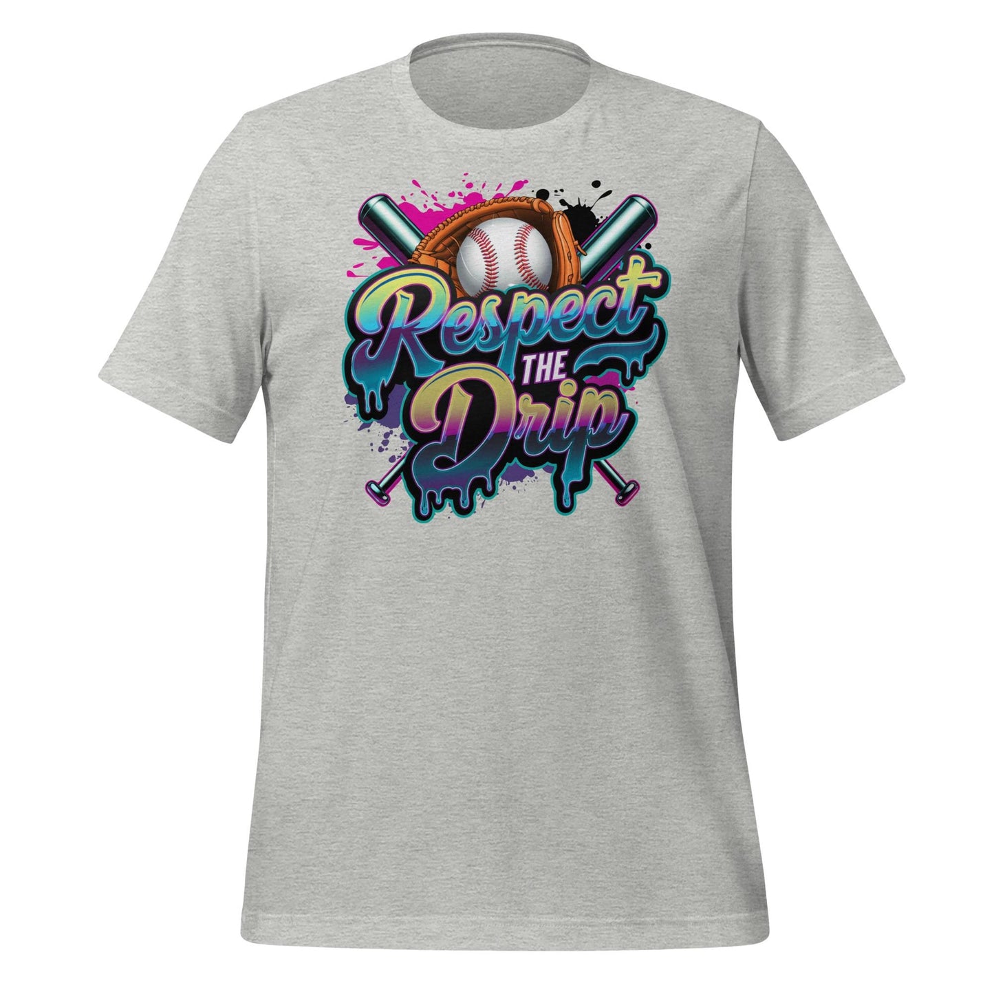 Respect the Drip Baseball T-Shirt – Neon Graffiti Style Graphic Tee – Cool Bat and Ball Design for Players and Fans