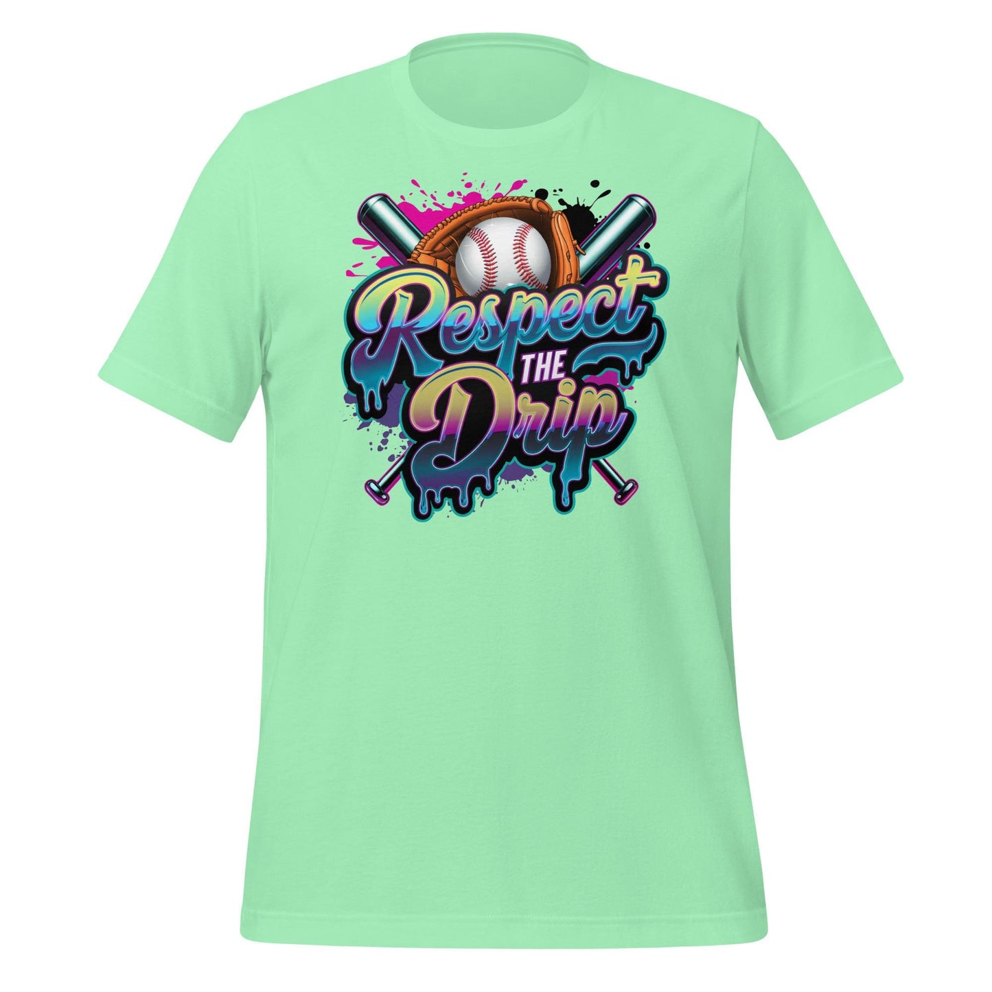 Respect the Drip Baseball T-Shirt – Neon Graffiti Style Graphic Tee – Cool Bat and Ball Design for Players and Fans