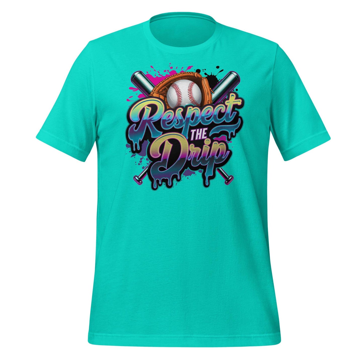 Respect the Drip Baseball T-Shirt – Neon Graffiti Style Graphic Tee – Cool Bat and Ball Design for Players and Fans