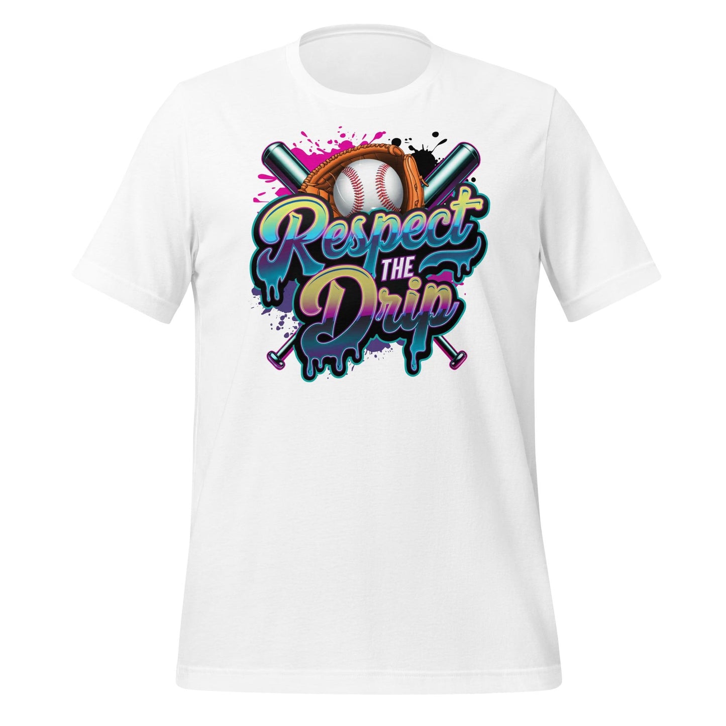 Respect the Drip Baseball T-Shirt – Neon Graffiti Style Graphic Tee – Cool Bat and Ball Design for Players and Fans
