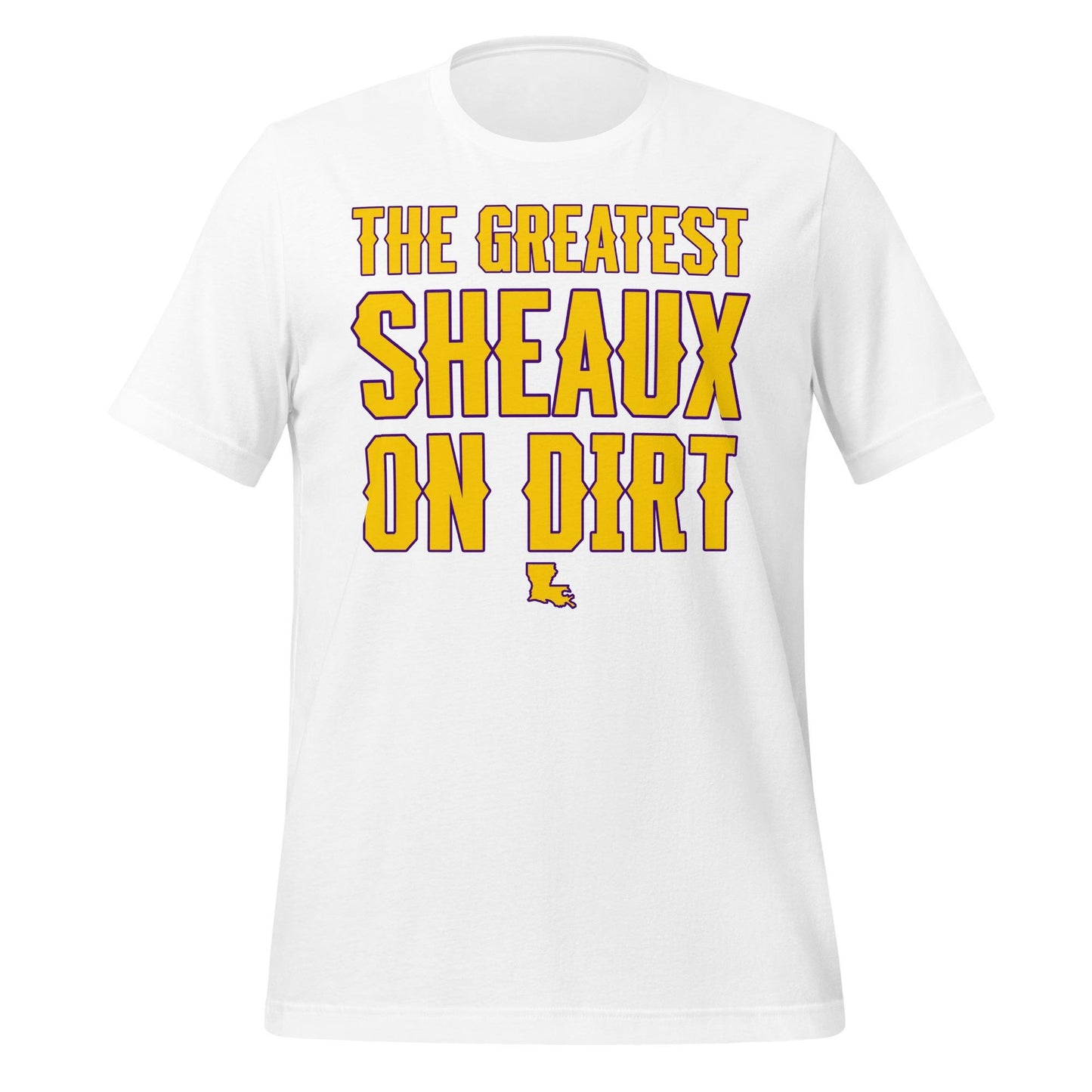 The Greatest Sheaux on Dirt Tee – Bold Purple & Gold Baseball Shirt