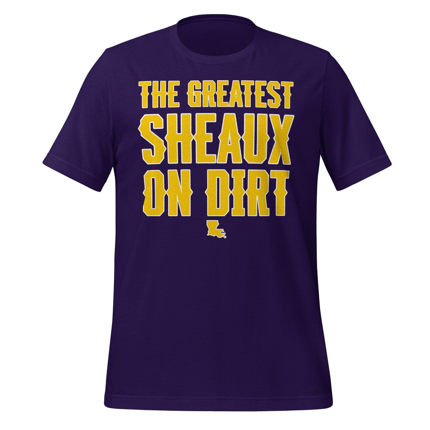 The Greatest Sheaux on Dirt Tee – Bold Purple & Gold Baseball Shirt