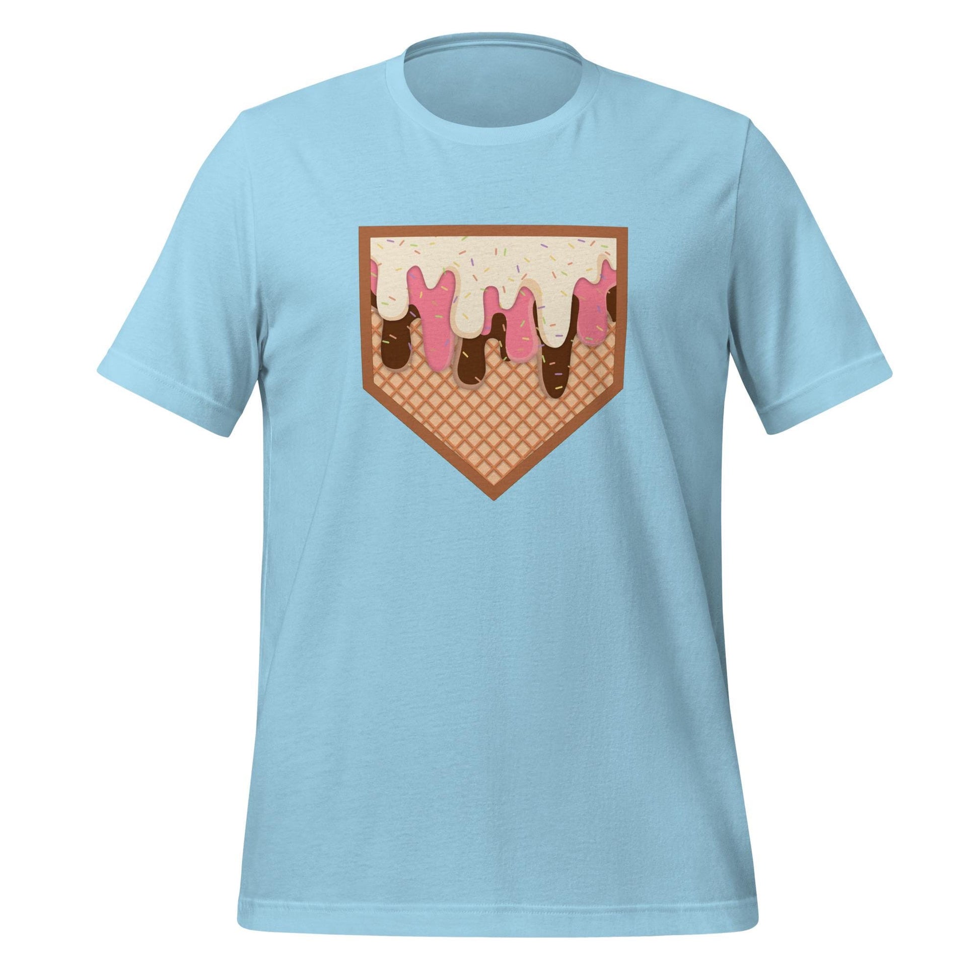 Dripping Home Plate T-Shirt – Fun Baseball Graphic Tee – Summer Ballpark Vibes on Sky Blue Shirt