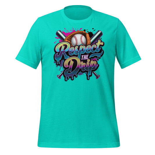 Respect the Drip Baseball T-Shirt – Neon Graffiti Style Graphic Tee – Cool Bat and Ball Design for Players and Fans