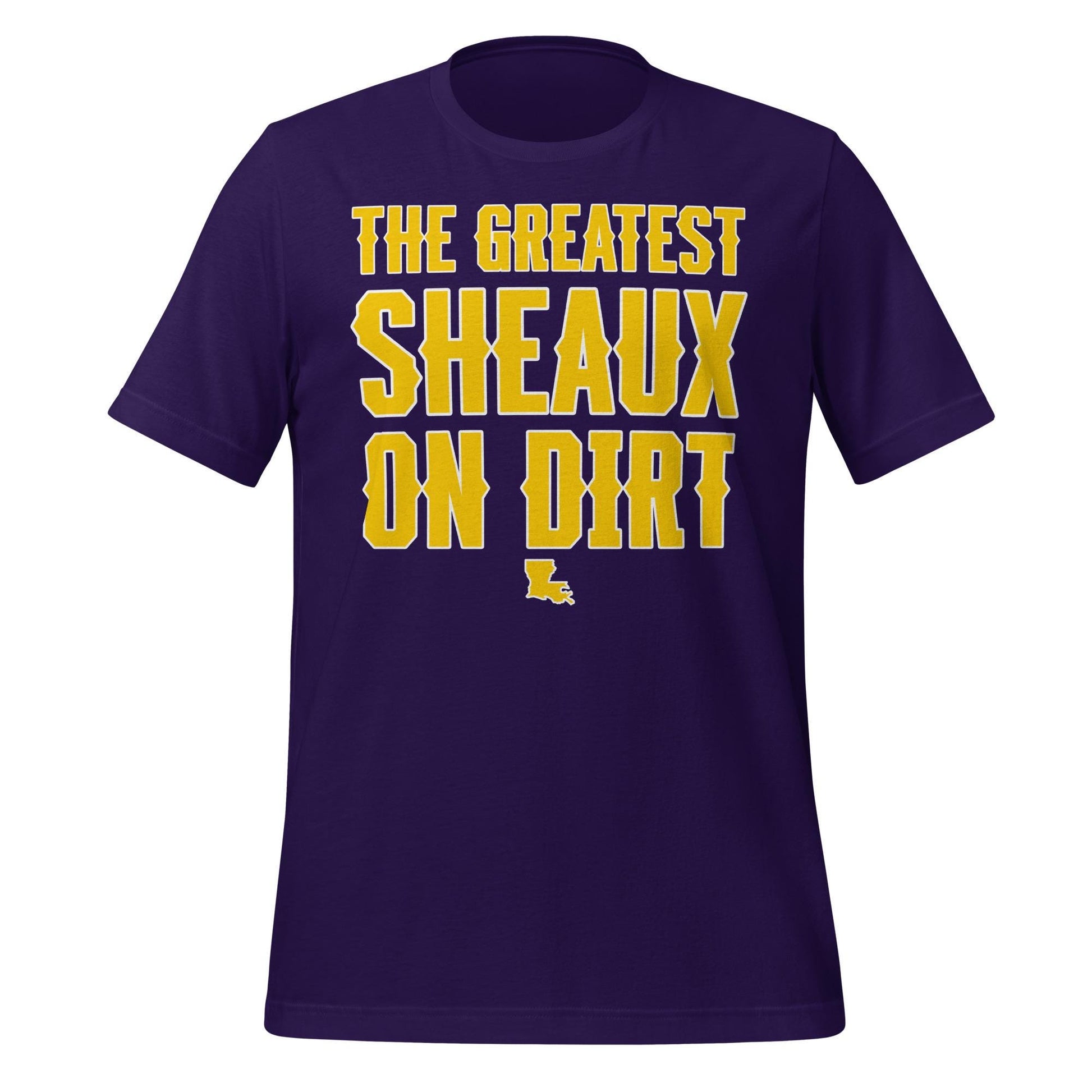 The Greatest Sheaux on Dirt Tee – Bold Purple & Gold Baseball Shirt