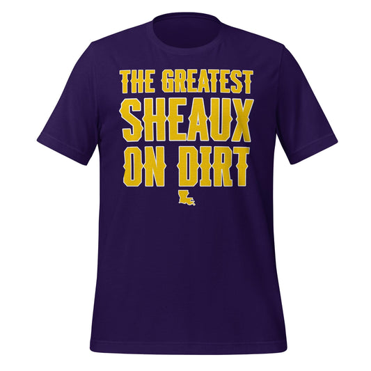 The Greatest Sheaux on Dirt Tee – Bold Purple & Gold Baseball Shirt